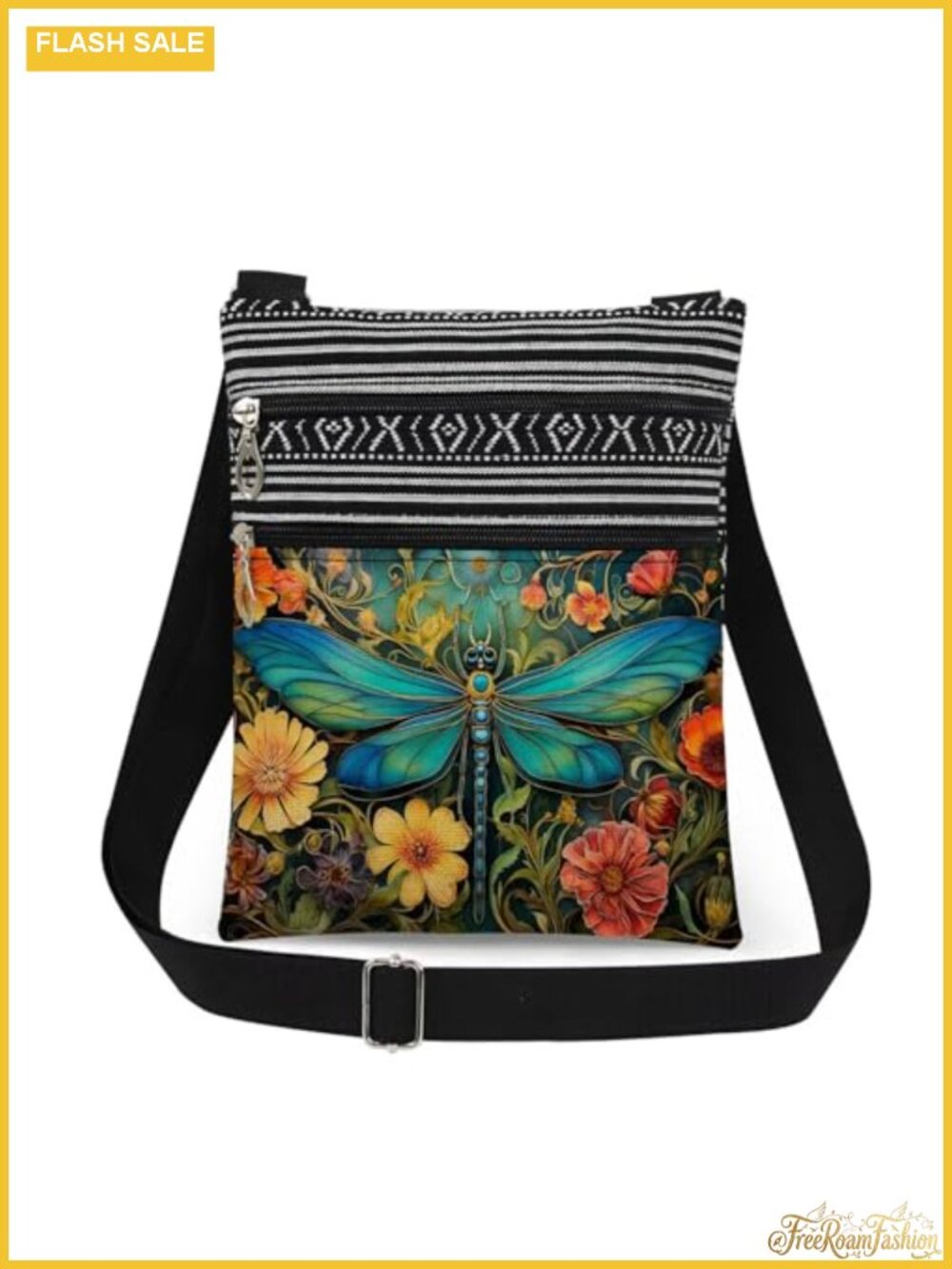 Polyester Dragonfly Crossbody Bag Adjustable Strap Dual Pocket Travel Purse